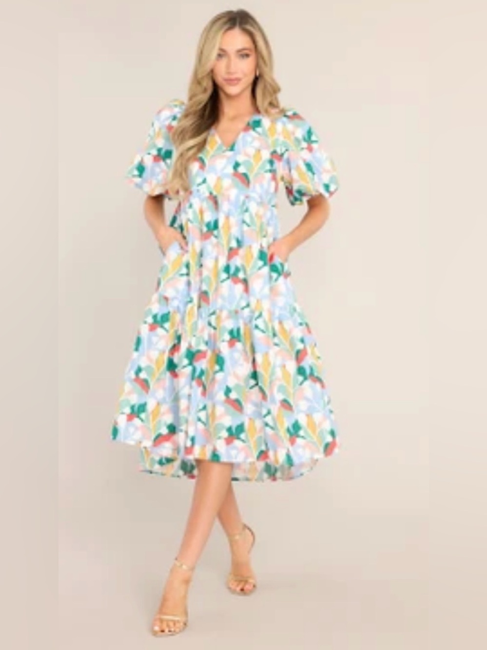 AURA fr RED DRESS “Eyes In Paradise" Sky Blue Multi Print Midi Dress 💯 COTTON